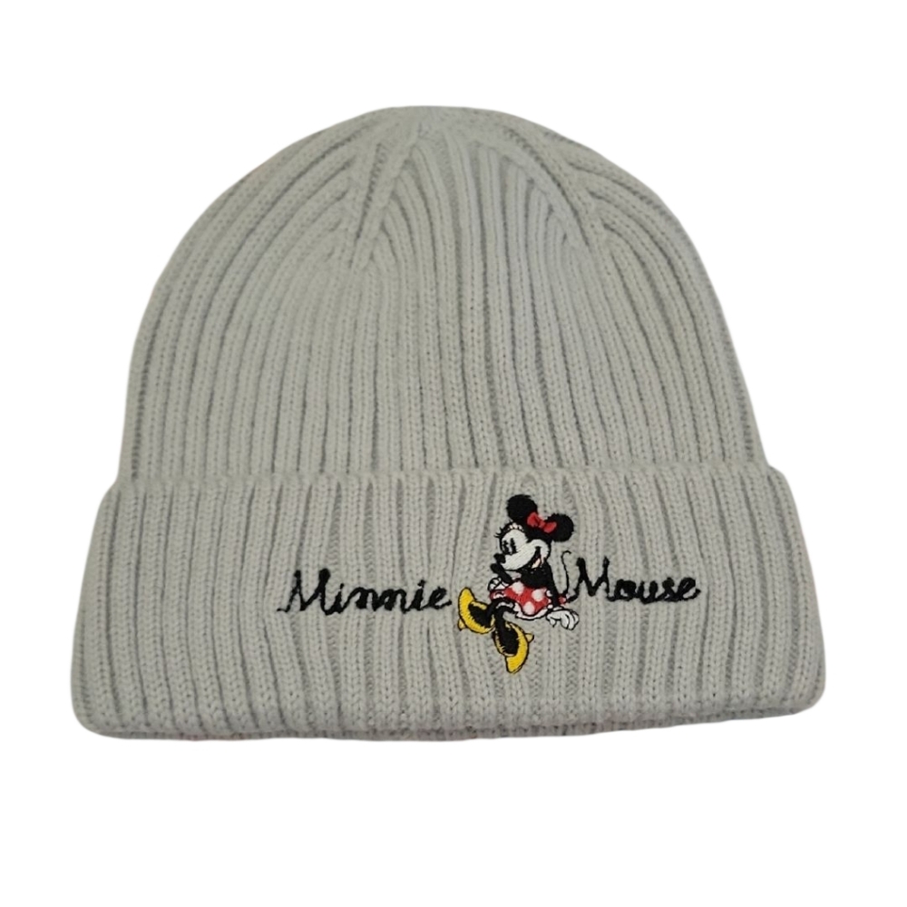 Disney Minnie Mouse Adult Beanie Gray Ribbed Knit Winter Hat Embroidered